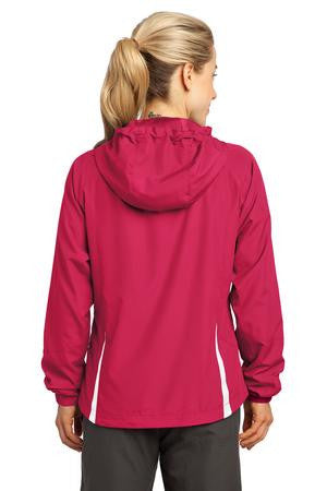 Branded Sport-Tek Ladies Hooded Wind Jacket Black Heather/Black